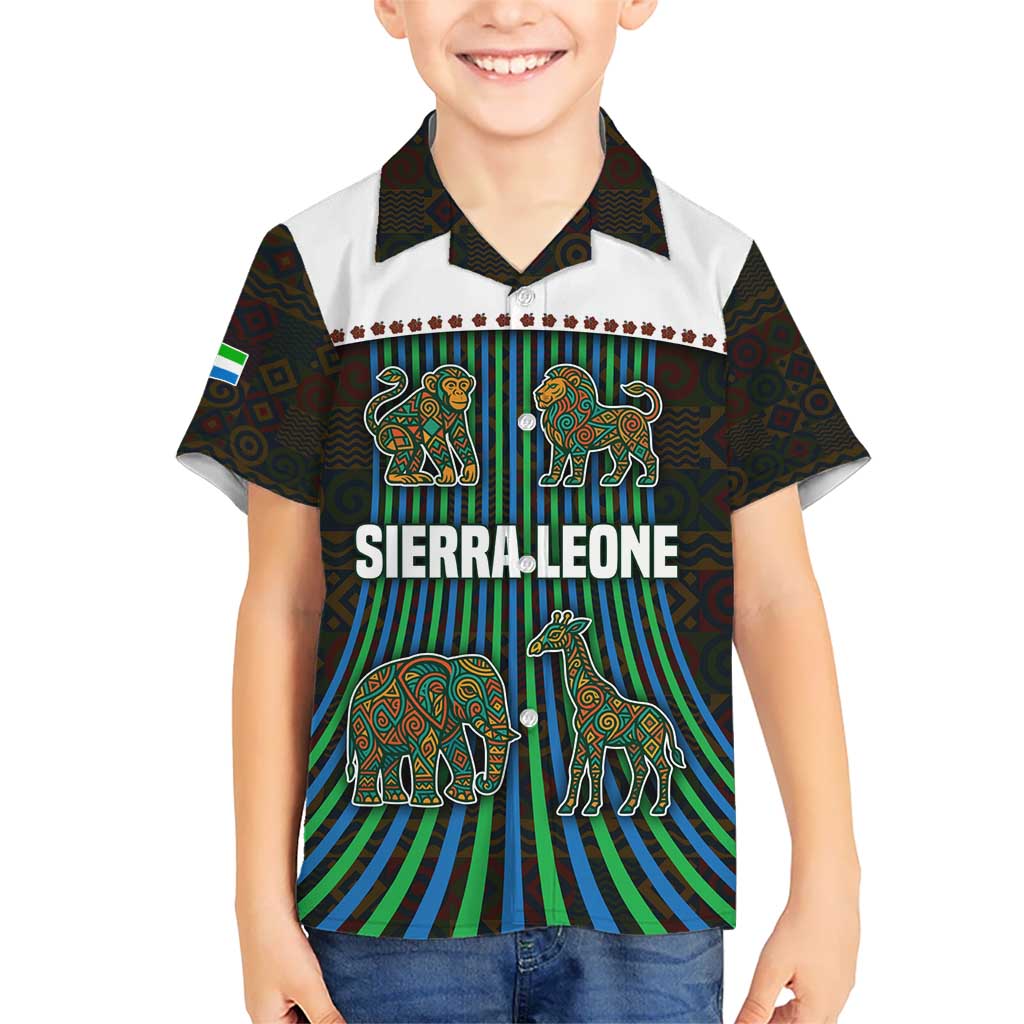 Sierra Leone Kid Hawaiian Shirt with Tribal Animal Pattern Featuring Lion Elephant Giraffe and Monkey