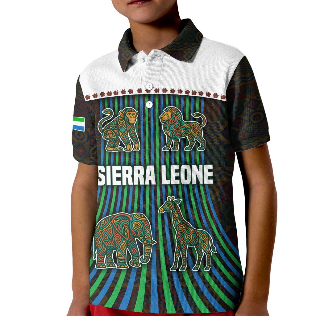 Sierra Leone Kid Polo Shirt with Tribal Animal Pattern Featuring Lion Elephant Giraffe and Monkey