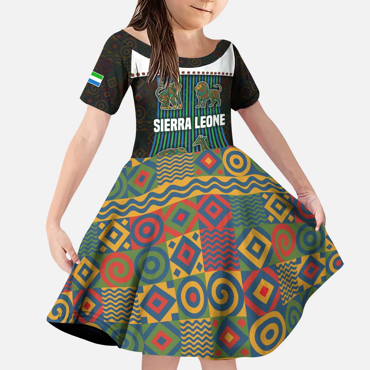 Sierra Leone Kid Short Sleeve Dress with Tribal Animal Pattern Featuring Lion Elephant Giraffe and Monkey