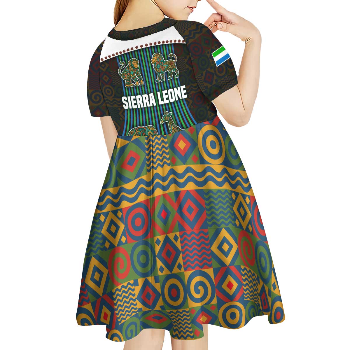 Sierra Leone Kid Short Sleeve Dress with Tribal Animal Pattern Featuring Lion Elephant Giraffe and Monkey