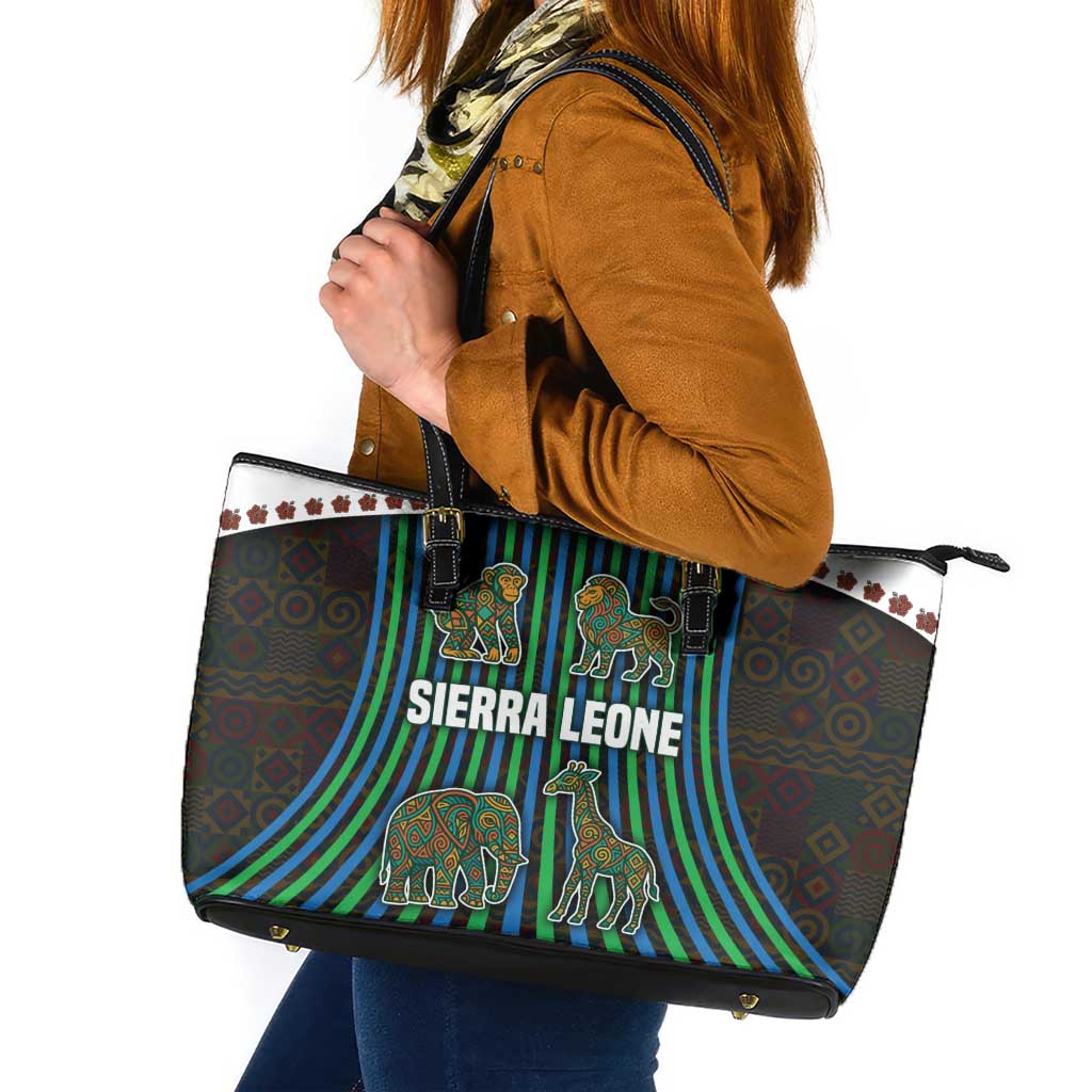 Sierra Leone Leather Tote Bag with Tribal Animal Pattern Featuring Lion Elephant Giraffe and Monkey