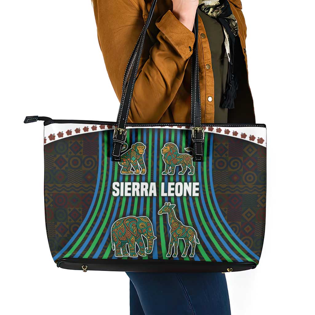 Sierra Leone Leather Tote Bag with Tribal Animal Pattern Featuring Lion Elephant Giraffe and Monkey
