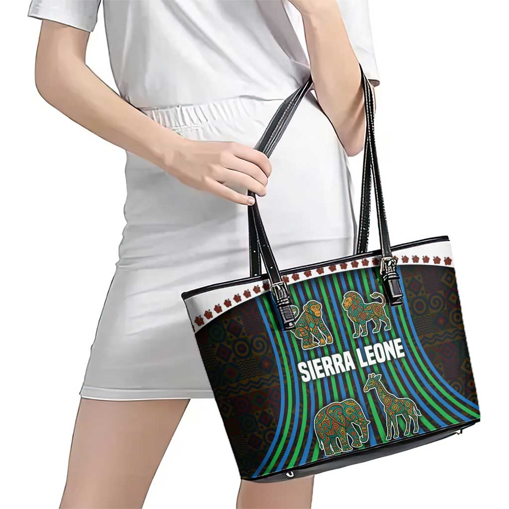 Sierra Leone Leather Tote Bag with Tribal Animal Pattern Featuring Lion Elephant Giraffe and Monkey