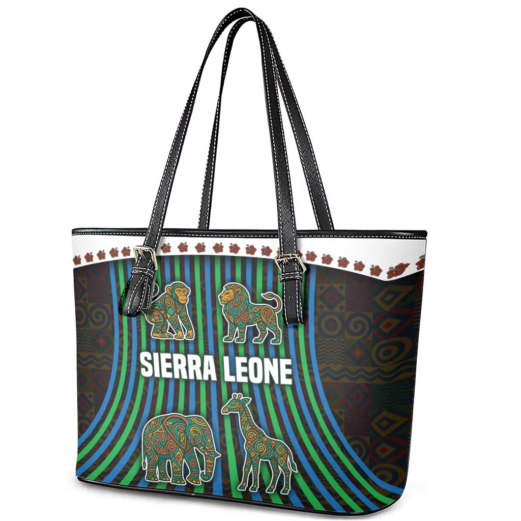 Sierra Leone Leather Tote Bag with Tribal Animal Pattern Featuring Lion Elephant Giraffe and Monkey