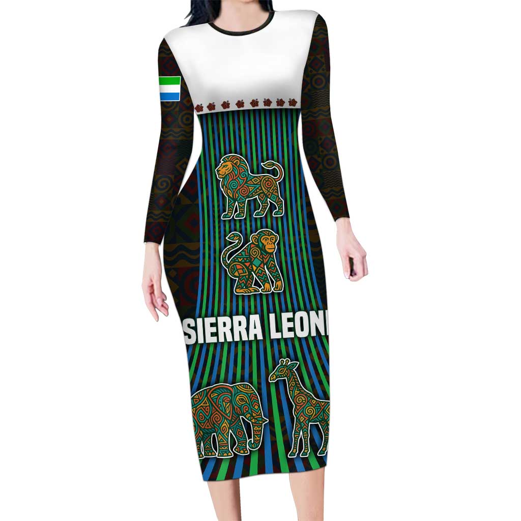 Sierra Leone Long Sleeve Bodycon Dress with Tribal Animal Pattern Featuring Lion Elephant Giraffe and Monkey