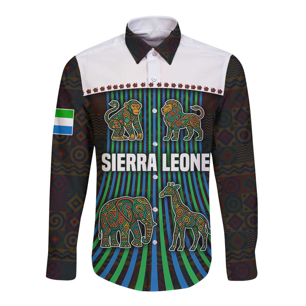 Sierra Leone Long Sleeve Button Shirt with Tribal Animal Pattern Featuring Lion Elephant Giraffe and Monkey