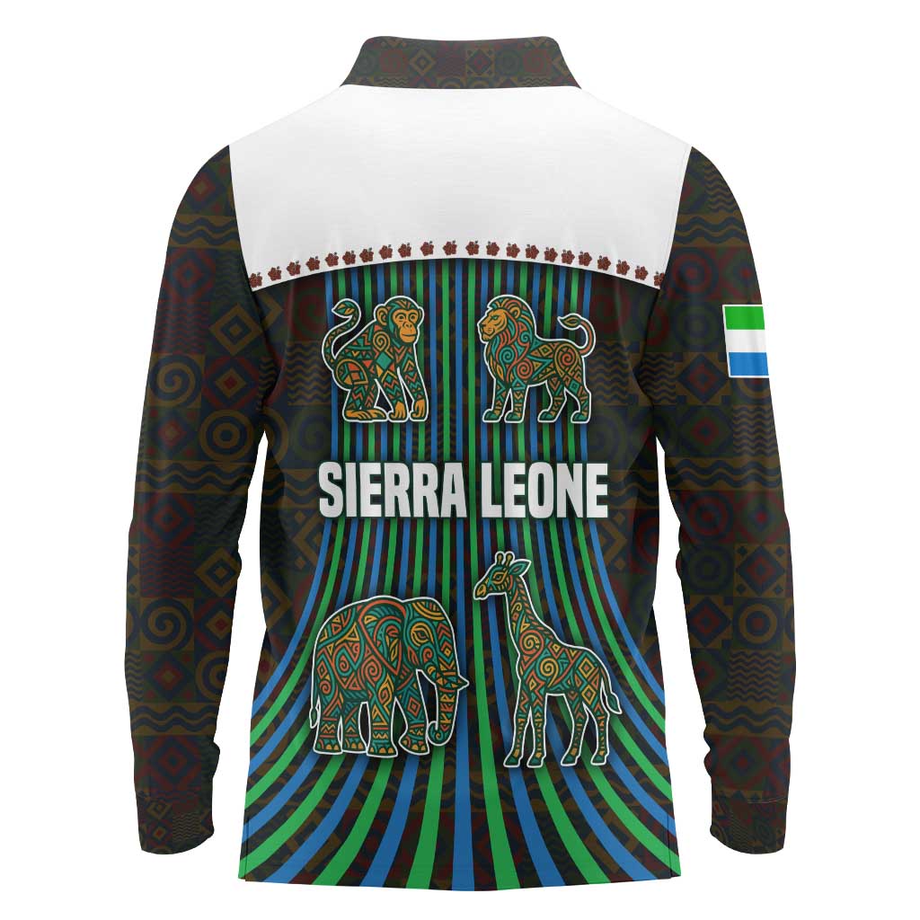 Sierra Leone Long Sleeve Polo Shirt with Tribal Animal Pattern Featuring Lion Elephant Giraffe and Monkey