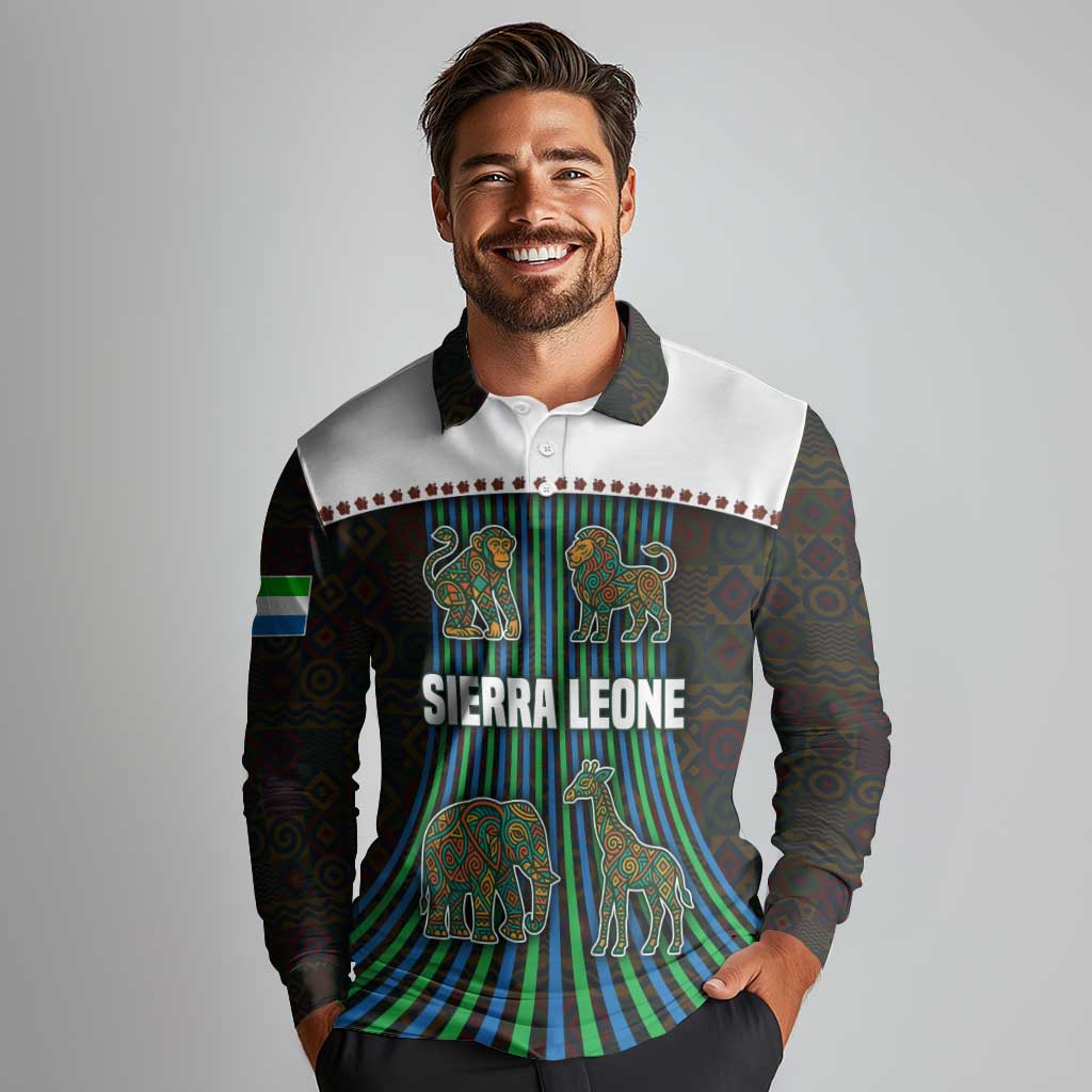Sierra Leone Long Sleeve Polo Shirt with Tribal Animal Pattern Featuring Lion Elephant Giraffe and Monkey