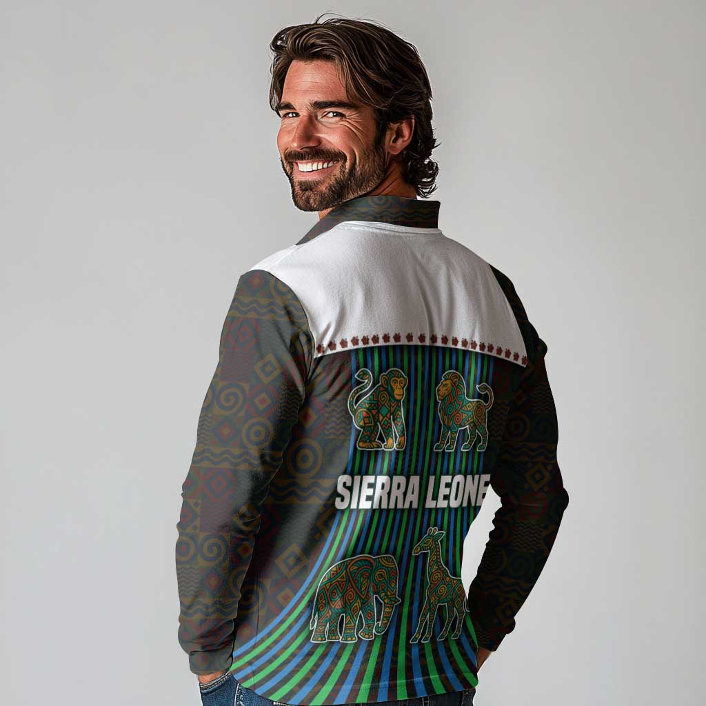 Sierra Leone Long Sleeve Polo Shirt with Tribal Animal Pattern Featuring Lion Elephant Giraffe and Monkey