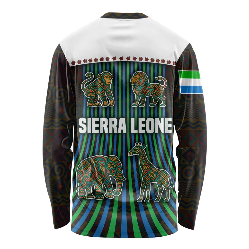 Sierra Leone Long Sleeve Shirt with Tribal Animal Pattern Featuring Lion Elephant Giraffe and Monkey