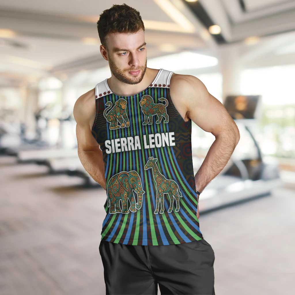 Sierra Leone Men Tank Top with Tribal Animal Pattern Featuring Lion Elephant Giraffe and Monkey