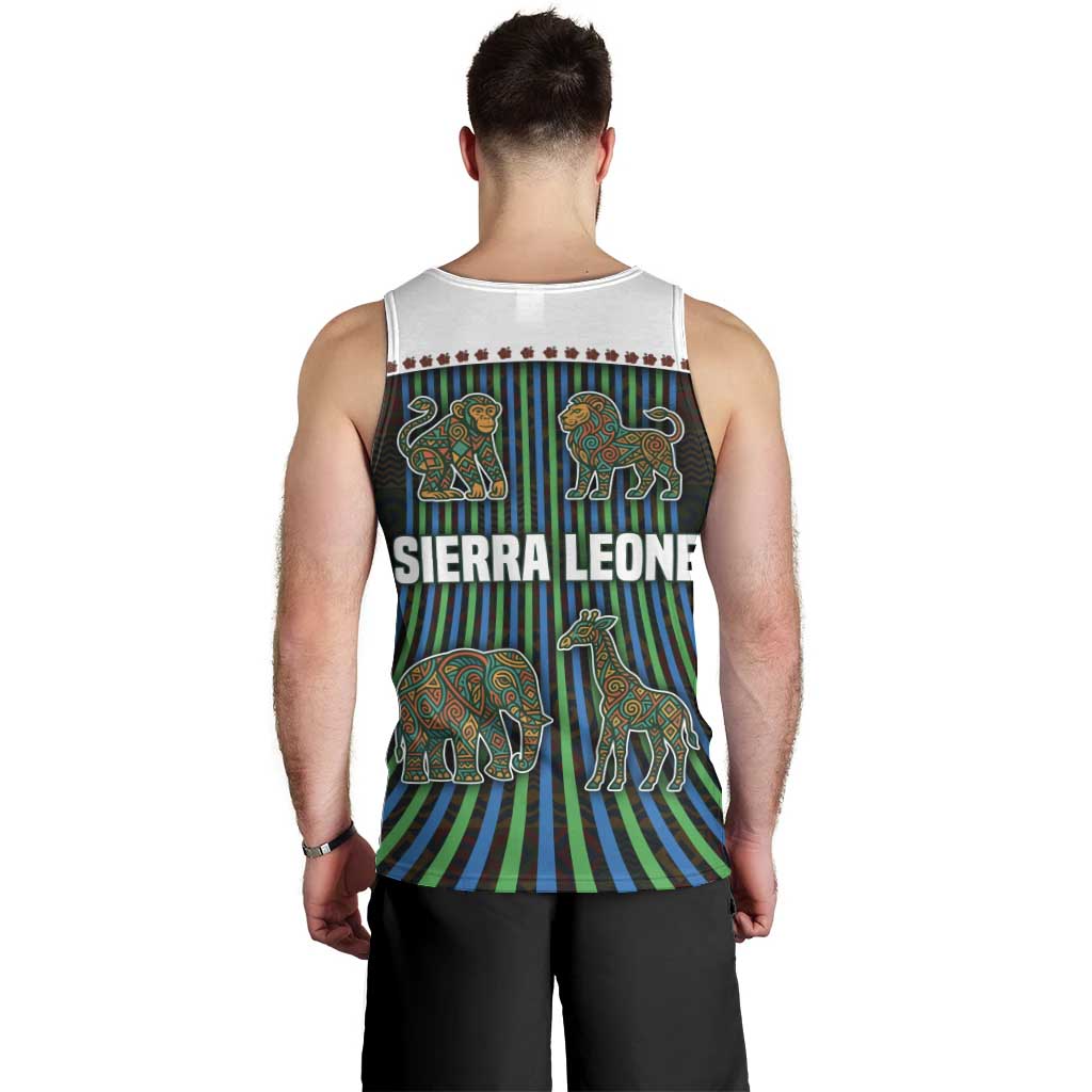 Sierra Leone Men Tank Top with Tribal Animal Pattern Featuring Lion Elephant Giraffe and Monkey