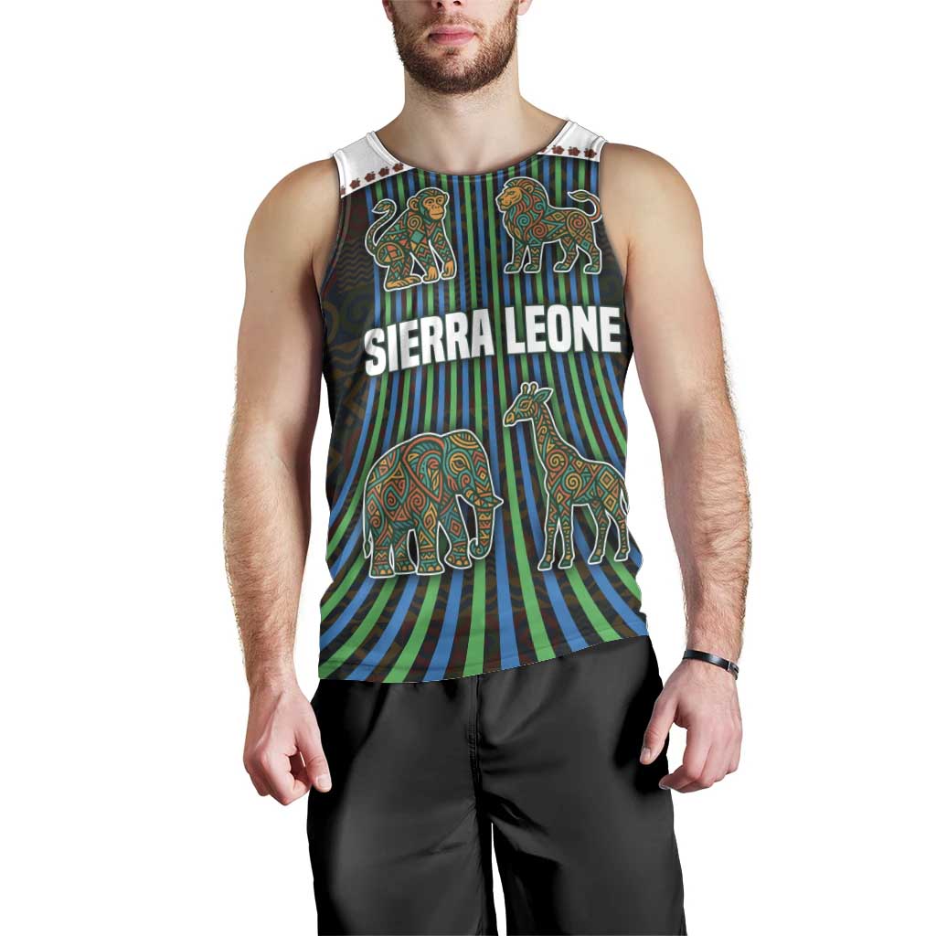 Sierra Leone Men Tank Top with Tribal Animal Pattern Featuring Lion Elephant Giraffe and Monkey