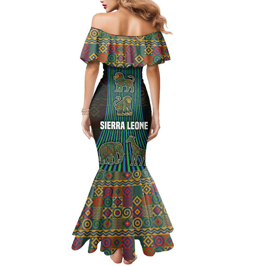 Sierra Leone Mermaid Dress with Tribal Animal Pattern Featuring Lion Elephant Giraffe and Monkey