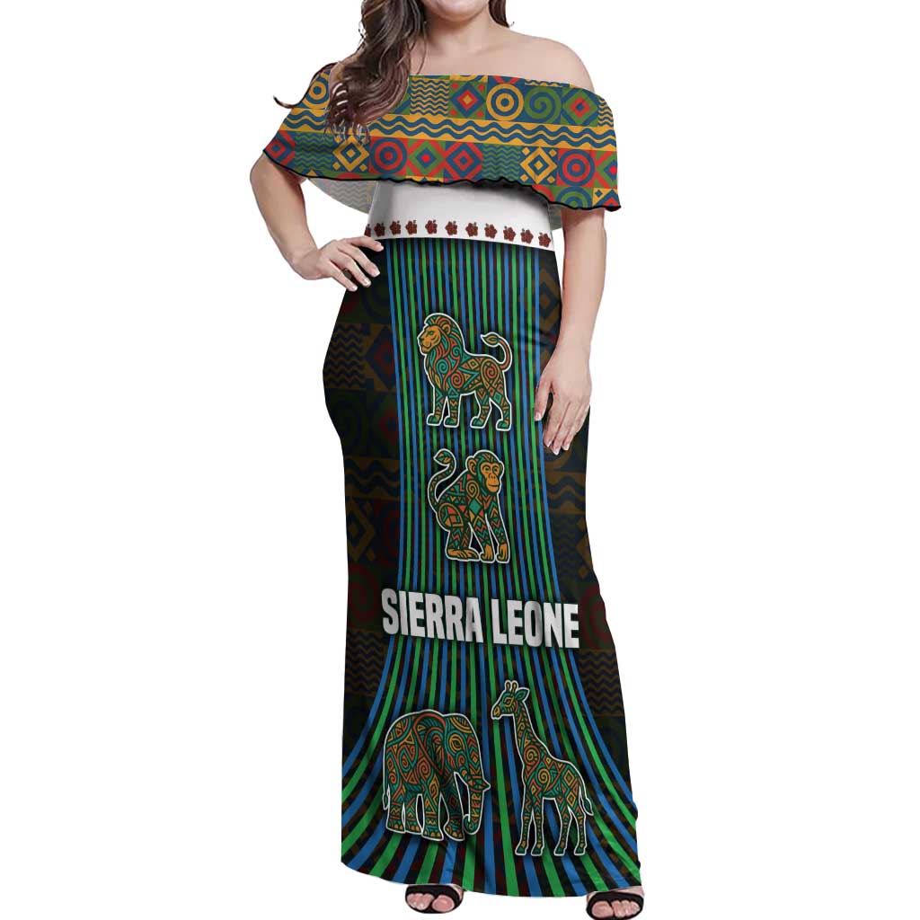 Sierra Leone Off Shoulder Maxi Dress with Tribal Animal Pattern Featuring Lion Elephant Giraffe and Monkey