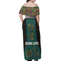 Sierra Leone Off Shoulder Maxi Dress with Tribal Animal Pattern Featuring Lion Elephant Giraffe and Monkey