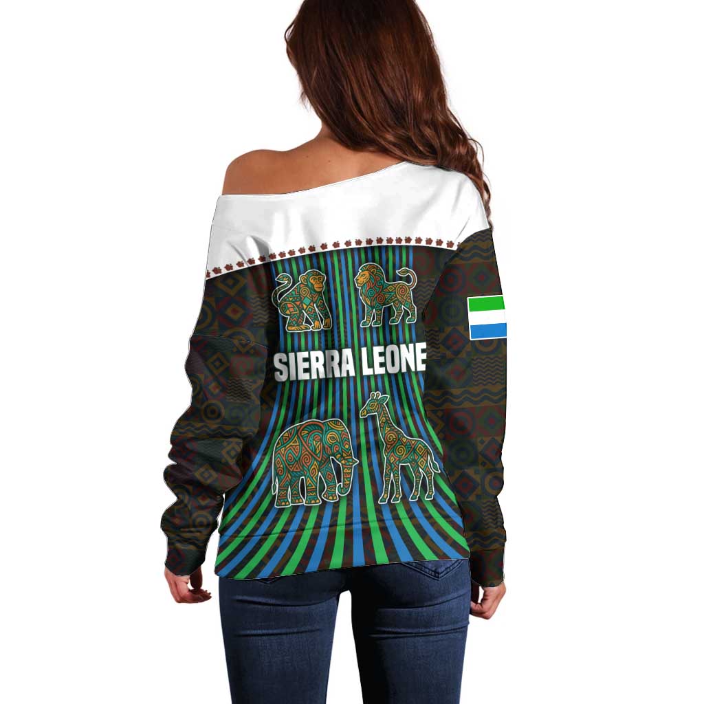 Sierra Leone Off Shoulder Sweater with Tribal Animal Pattern Featuring Lion Elephant Giraffe and Monkey