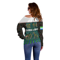 Sierra Leone Off Shoulder Sweater with Tribal Animal Pattern Featuring Lion Elephant Giraffe and Monkey