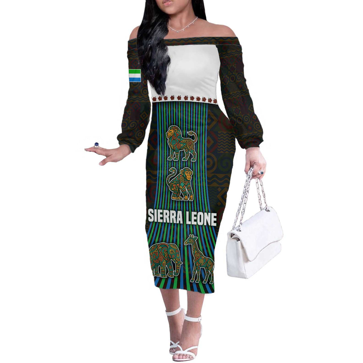 Sierra Leone Off The Shoulder Long Sleeve Dress with Tribal Animal Pattern Featuring Lion Elephant Giraffe and Monkey