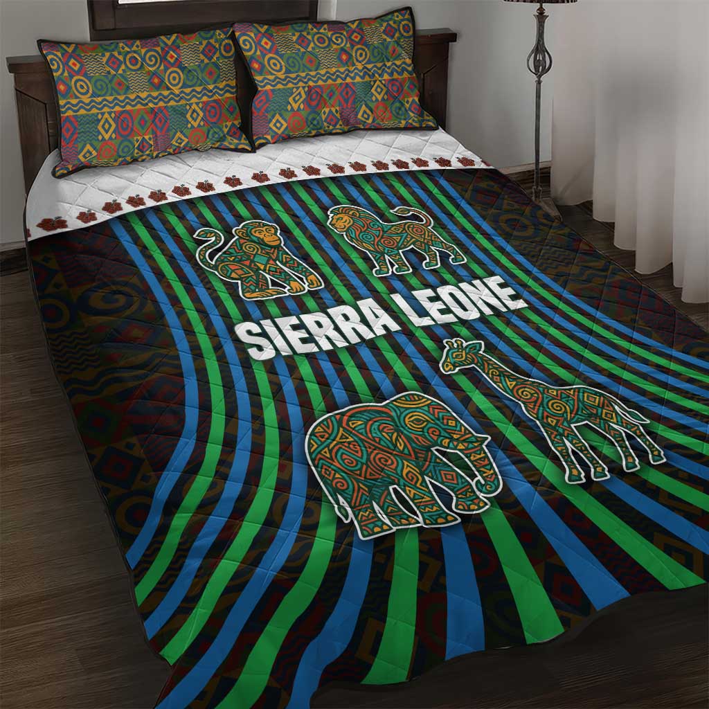 Sierra Leone Quilt Bed Set with Tribal Animal Pattern Featuring Lion Elephant Giraffe and Monkey