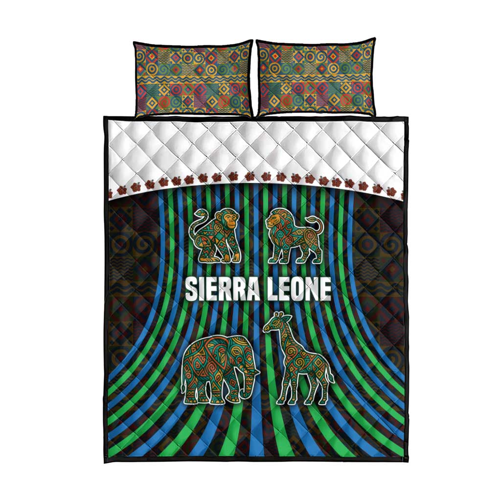Sierra Leone Quilt Bed Set with Tribal Animal Pattern Featuring Lion Elephant Giraffe and Monkey