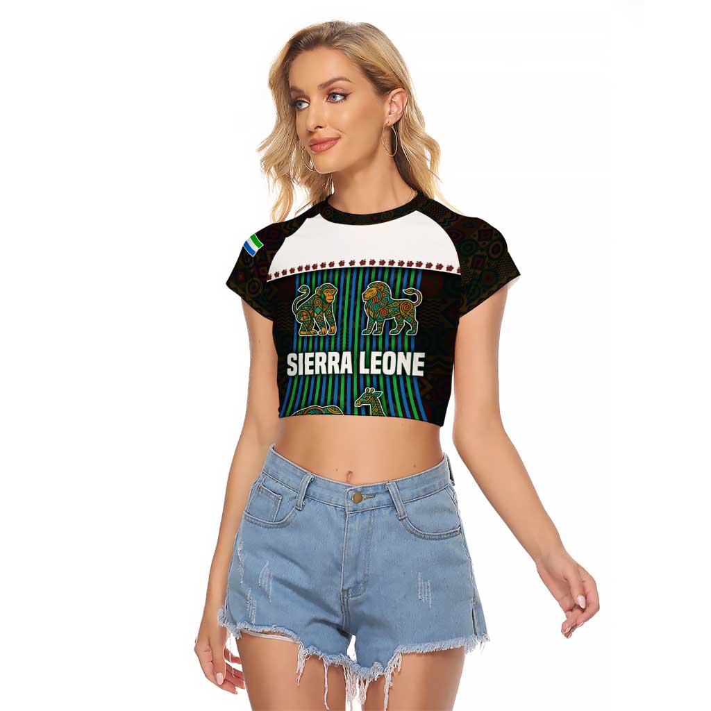 Sierra Leone Raglan Cropped T Shirt with Tribal Animal Pattern Featuring Lion Elephant Giraffe and Monkey