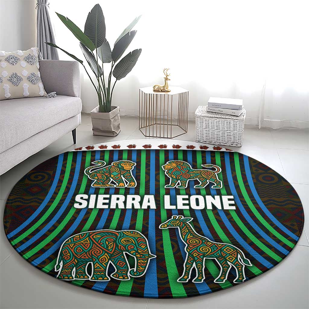 Sierra Leone Round Carpet with Tribal Animal Pattern Featuring Lion Elephant Giraffe and Monkey