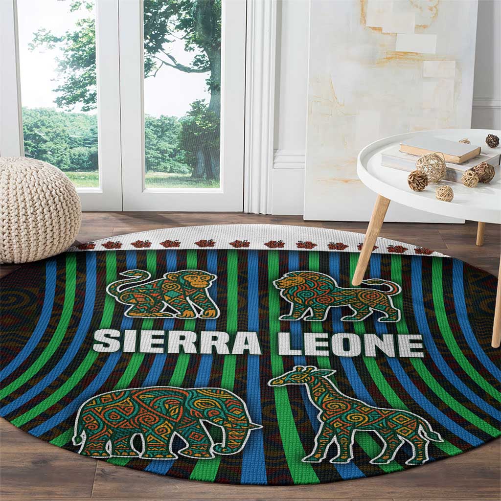 Sierra Leone Round Carpet with Tribal Animal Pattern Featuring Lion Elephant Giraffe and Monkey