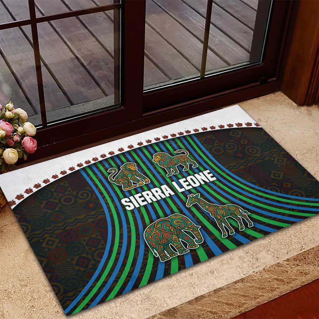 Sierra Leone Rubber Doormat with Tribal Animal Pattern Featuring Lion Elephant Giraffe and Monkey