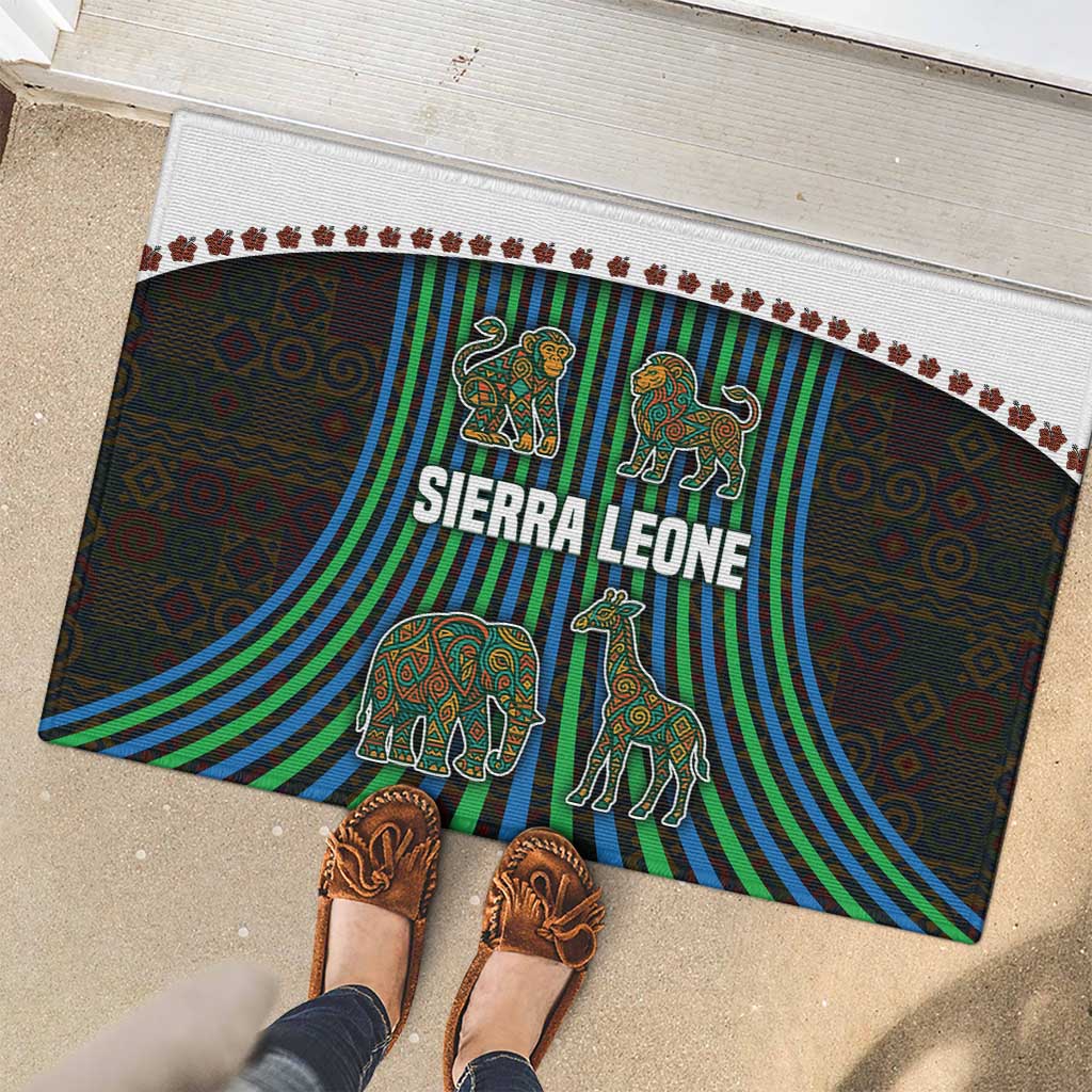 Sierra Leone Rubber Doormat with Tribal Animal Pattern Featuring Lion Elephant Giraffe and Monkey