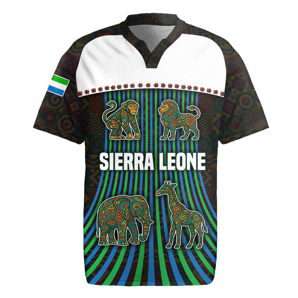 Sierra Leone Rugby Jersey with Tribal Animal Pattern Featuring Lion Elephant Giraffe and Monkey