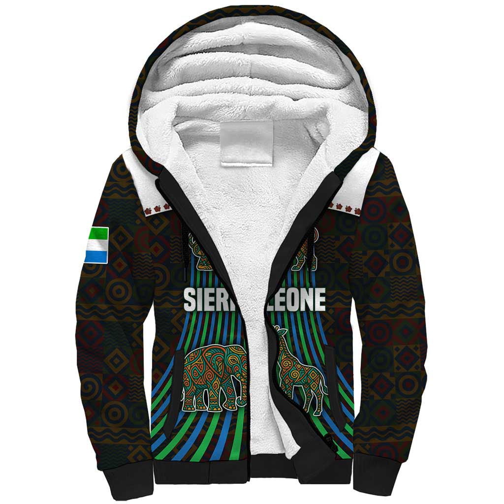 Sierra Leone Sherpa Hoodie with Tribal Animal Pattern Featuring Lion Elephant Giraffe and Monkey