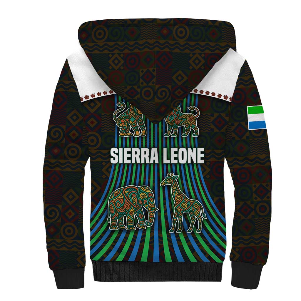 Sierra Leone Sherpa Hoodie with Tribal Animal Pattern Featuring Lion Elephant Giraffe and Monkey
