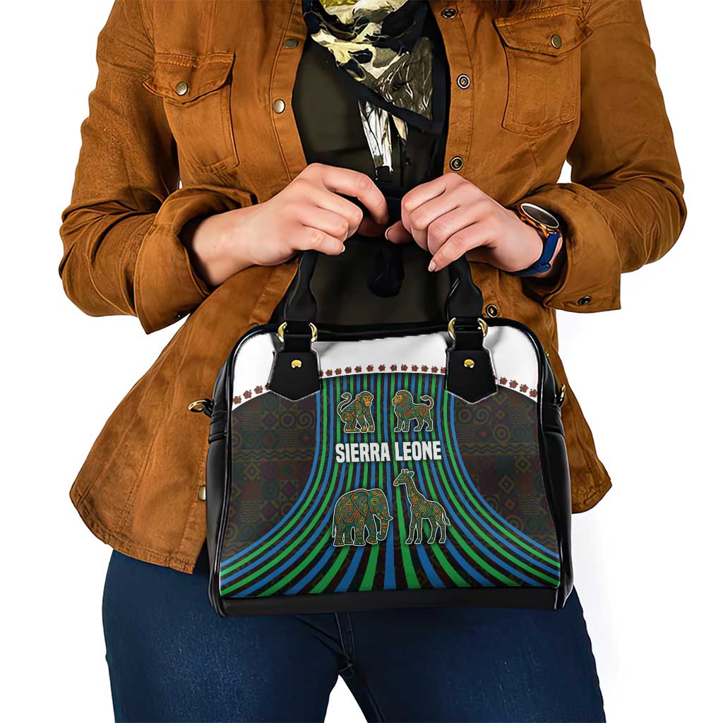 Sierra Leone Shoulder Handbag with Tribal Animal Pattern Featuring Lion Elephant Giraffe and Monkey