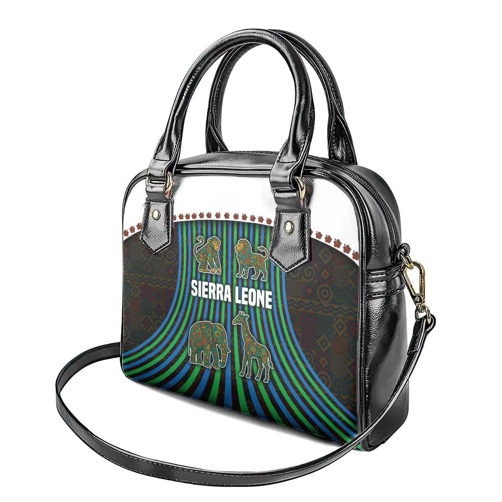 Sierra Leone Shoulder Handbag with Tribal Animal Pattern Featuring Lion Elephant Giraffe and Monkey