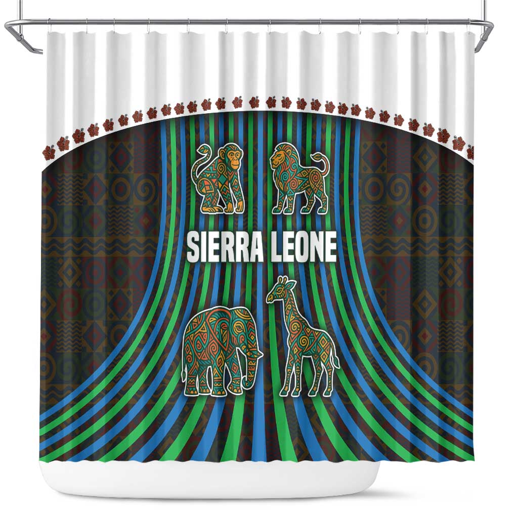 Sierra Leone Shower Curtain with Tribal Animal Pattern Featuring Lion Elephant Giraffe and Monkey