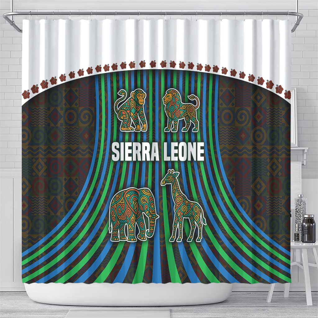 Sierra Leone Shower Curtain with Tribal Animal Pattern Featuring Lion Elephant Giraffe and Monkey