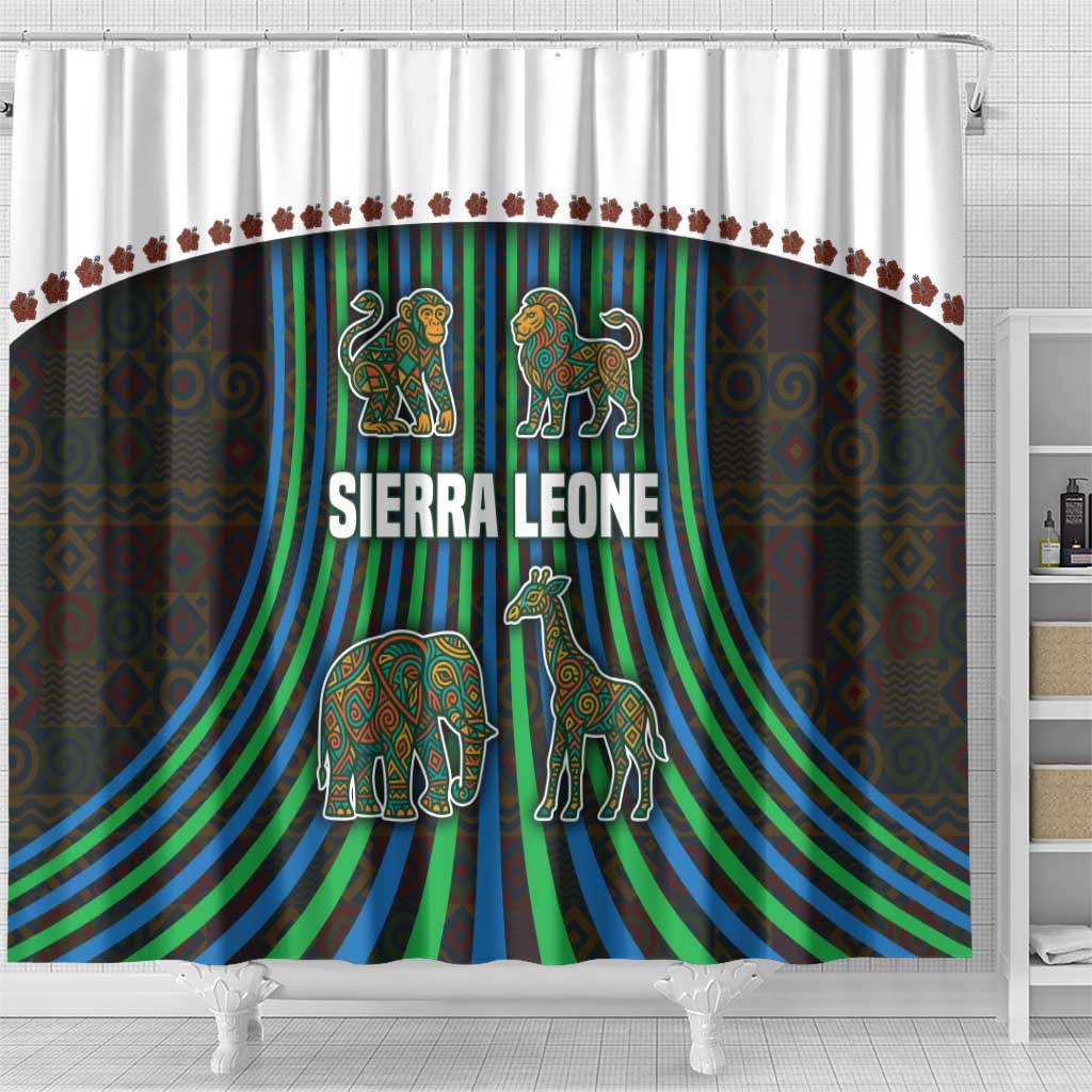 Sierra Leone Shower Curtain with Tribal Animal Pattern Featuring Lion Elephant Giraffe and Monkey
