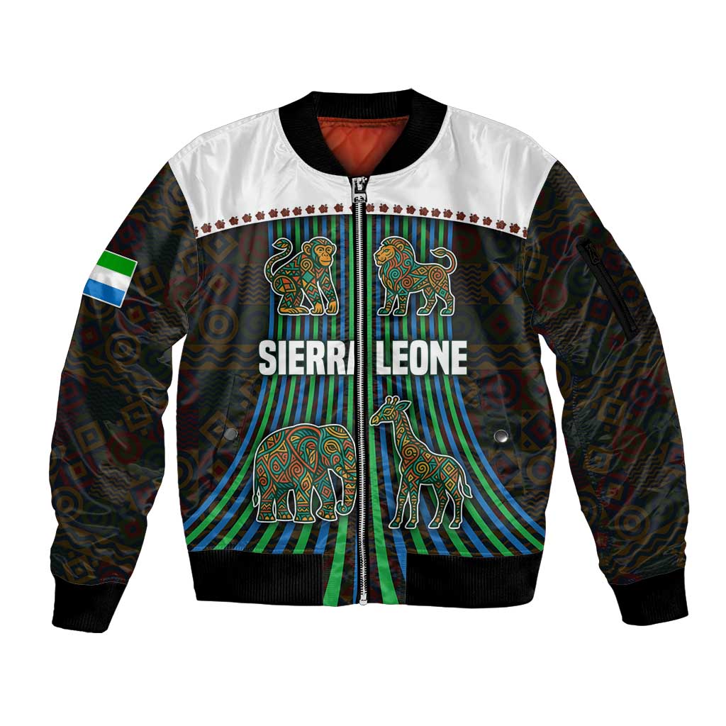 Sierra Leone Sleeve Zip Bomber Jacket with Tribal Animal Pattern Featuring Lion Elephant Giraffe and Monkey