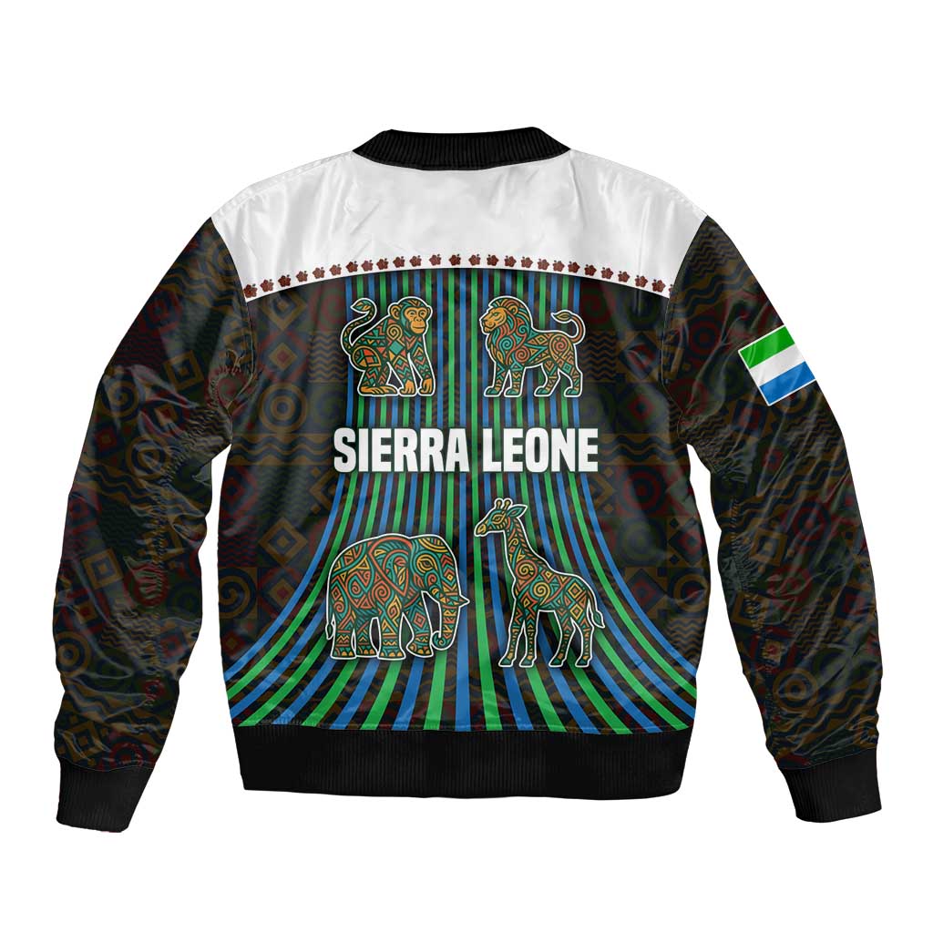 Sierra Leone Sleeve Zip Bomber Jacket with Tribal Animal Pattern Featuring Lion Elephant Giraffe and Monkey