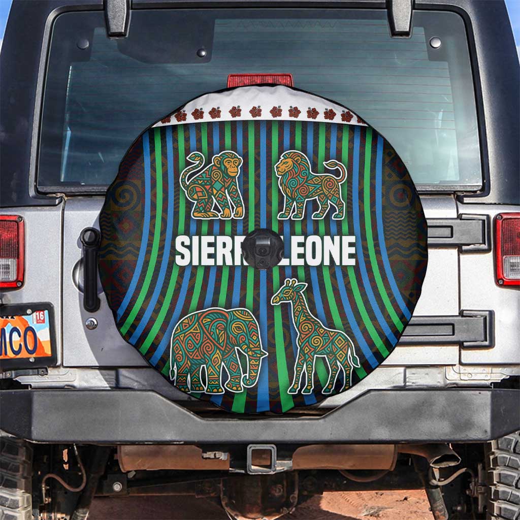 Sierra Leone Spare Tire Cover with Tribal Animal Pattern Featuring Lion Elephant Giraffe and Monkey