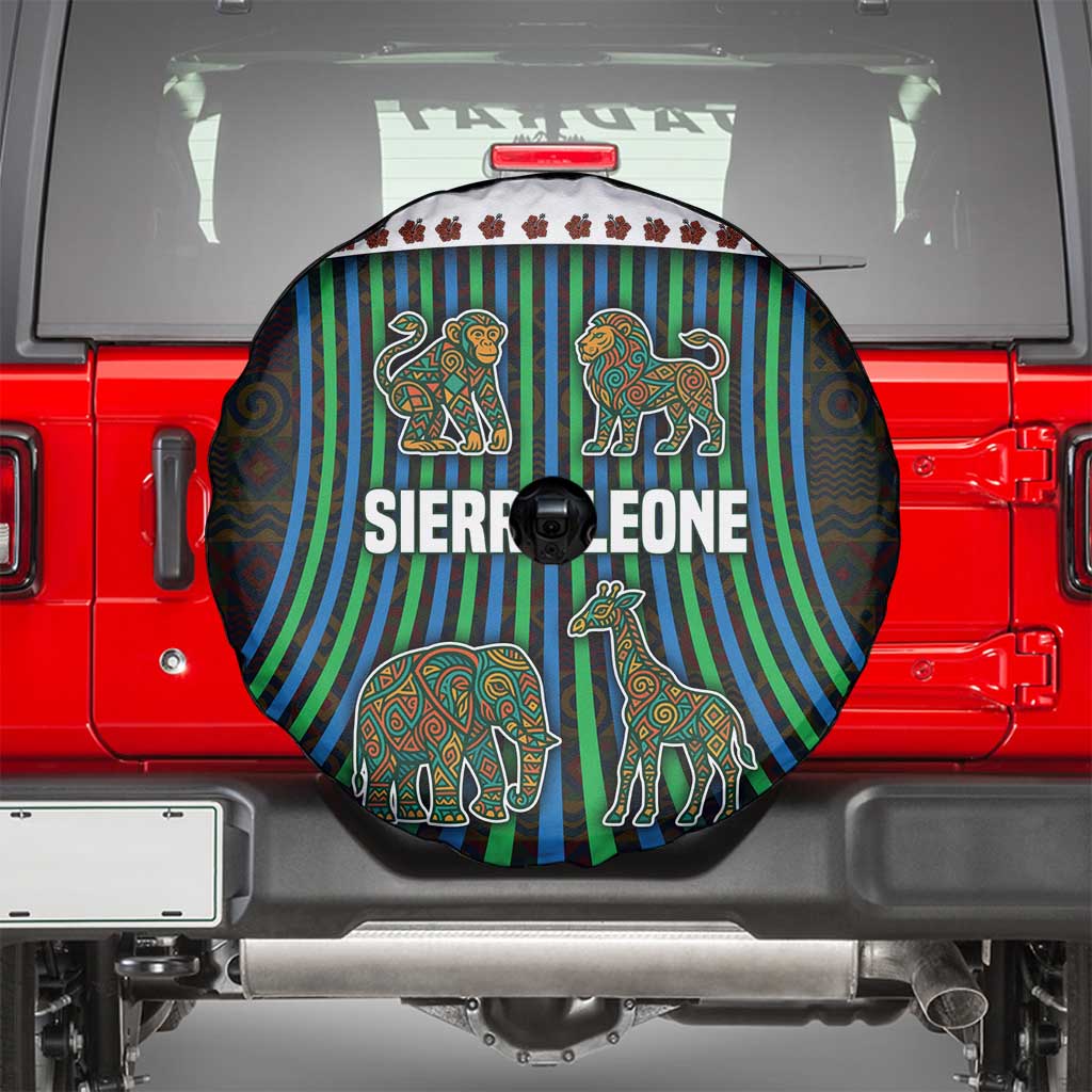 Sierra Leone Spare Tire Cover with Tribal Animal Pattern Featuring Lion Elephant Giraffe and Monkey