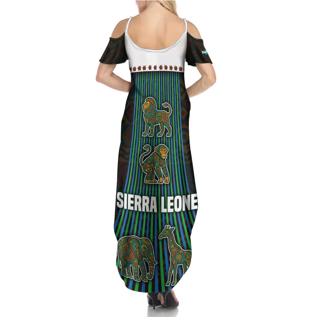Sierra Leone Summer Maxi Dress with Tribal Animal Pattern Featuring Lion Elephant Giraffe and Monkey