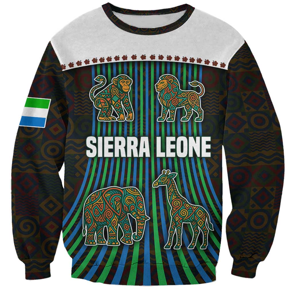 Sierra Leone Sweatshirt with Tribal Animal Pattern Featuring Lion Elephant Giraffe and Monkey