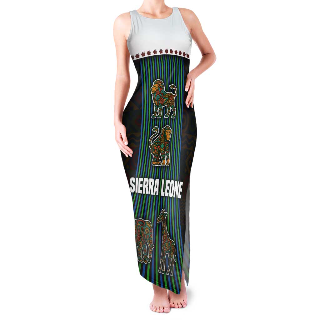 Sierra Leone Tank Maxi Dress with Tribal Animal Pattern Featuring Lion Elephant Giraffe and Monkey