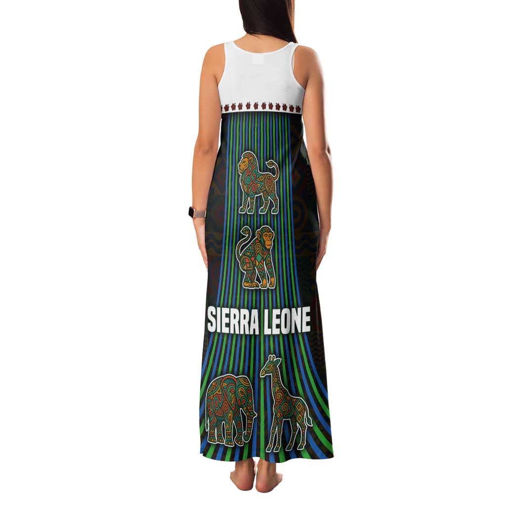 Sierra Leone Tank Maxi Dress with Tribal Animal Pattern Featuring Lion Elephant Giraffe and Monkey