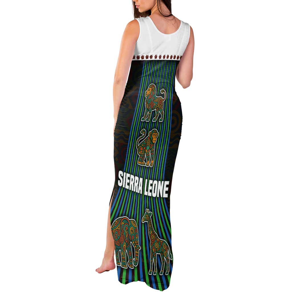 Sierra Leone Tank Maxi Dress with Tribal Animal Pattern Featuring Lion Elephant Giraffe and Monkey