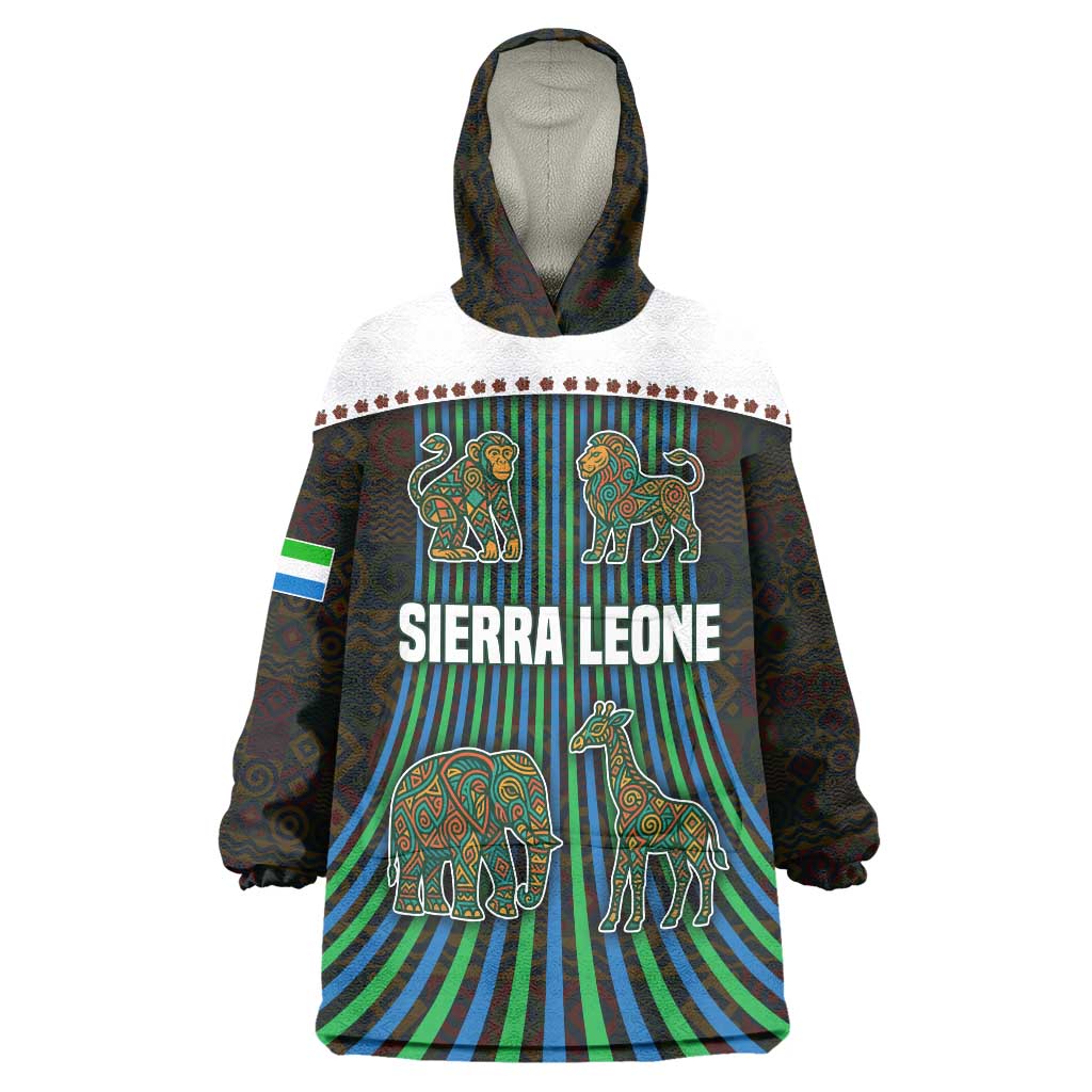 Sierra Leone Wearable Blanket Hoodie with Tribal Animal Pattern Featuring Lion Elephant Giraffe and Monkey