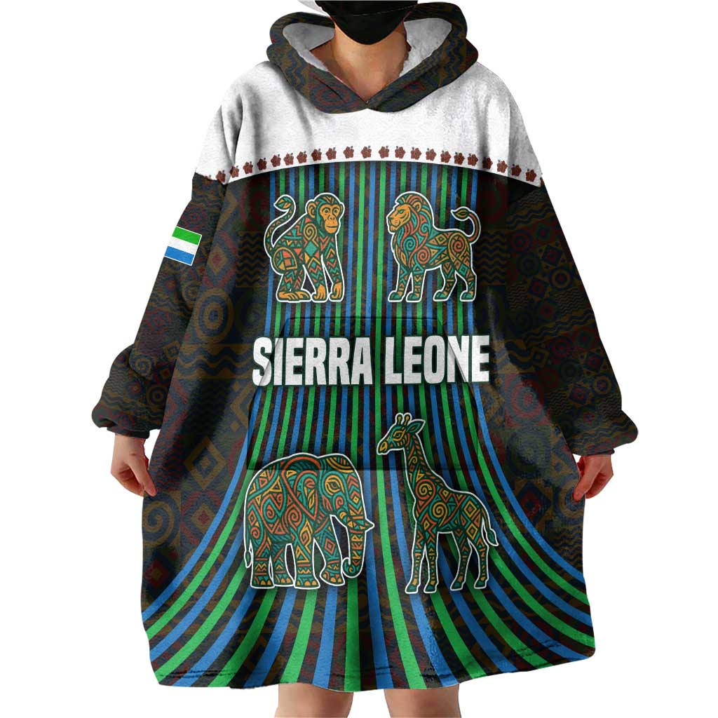 Sierra Leone Wearable Blanket Hoodie with Tribal Animal Pattern Featuring Lion Elephant Giraffe and Monkey
