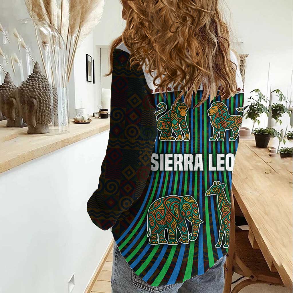 Sierra Leone Women Casual Shirt with Tribal Animal Pattern Featuring Lion Elephant Giraffe and Monkey